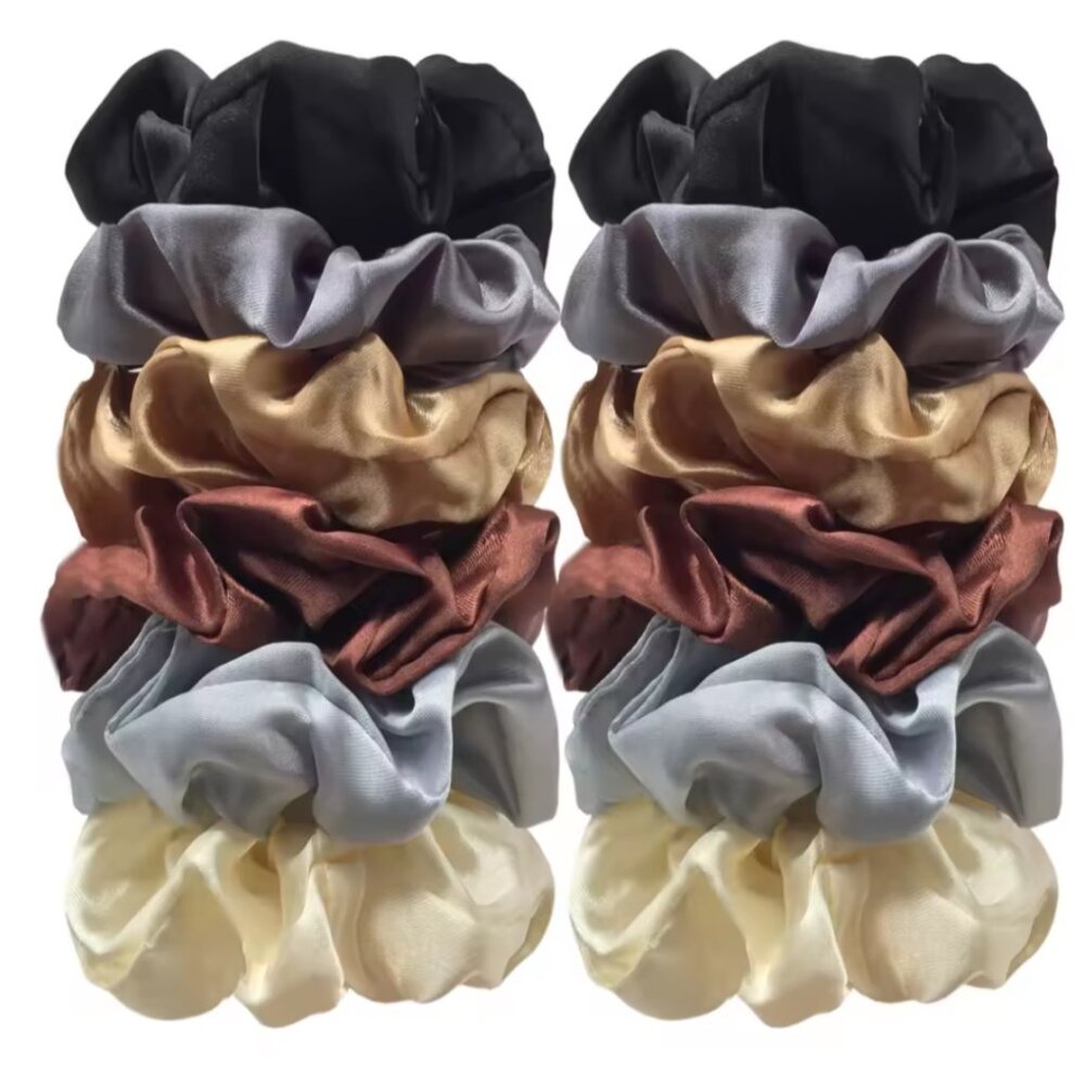 Scrunchies Large Satin Hair Bands, 12pcs, Brown Palette.